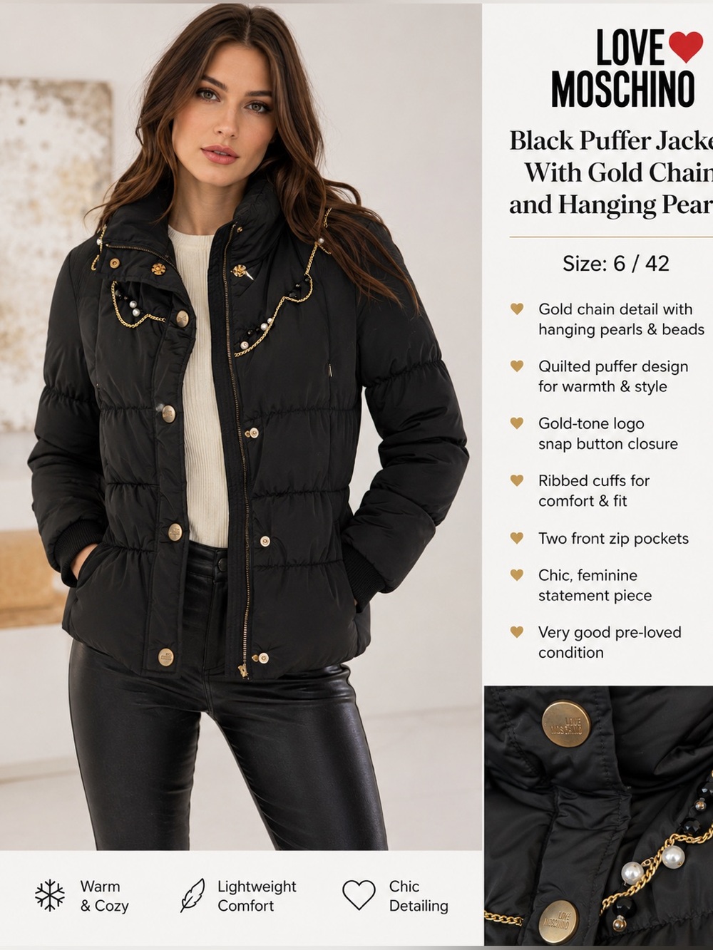Love Moschino Black PufferJacket With Gold Chain and Hanging Pearls Size 6 / 42
